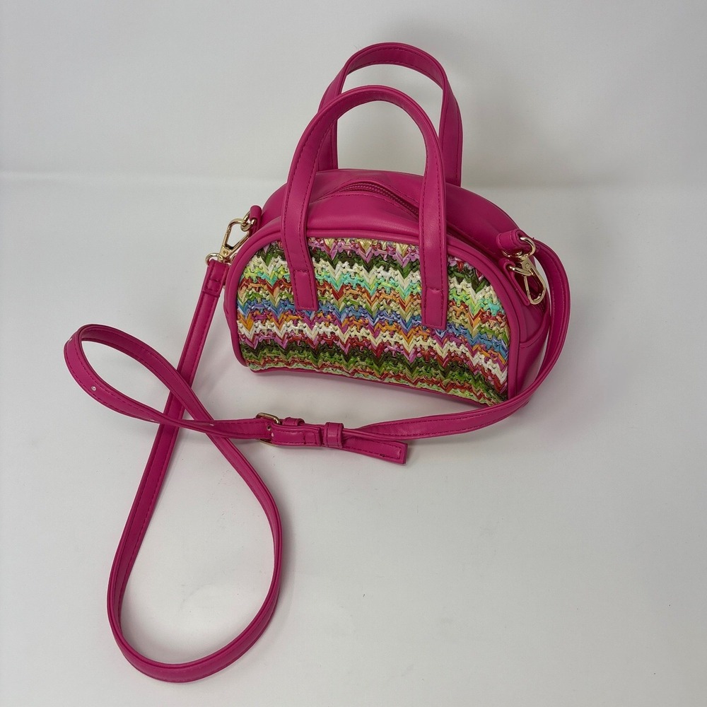 Forever 21 Pink Faux Leather Multi Color Woven Straw Crossbody Mini Satchel Bag - Picture 4 of 6